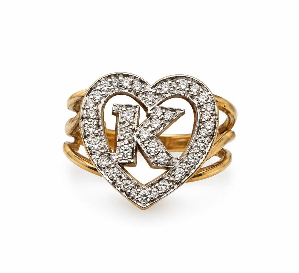 14K Yellow Gold And Diamond Letter ''K'' Heart Ring Size 8.25 Cocktail Estate